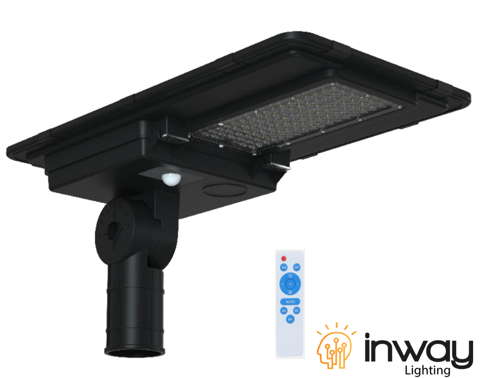 Lámpara Solar de Calle LED de 13800 Lm con Panel Integrado de 42W, 17.5V y Sensor de Movimiento, 6000K Blanco Frío, 140x70 Grados, Con Batería de Litio 153.6Wh, 17.5V, IP65, Negra