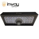 Lámpara Solar LED de Pared (Aplique) de 6W con Panel Solar Integrado de 2.8W, 5.5V y Sensor de Movimiento, SMD2835 x 35pcs, 3000K Blanco Cálido, 140x70 Grados, Con Batería de Litio de 11.1Wh, 3.7V, 3000mAh, IP65, Dimensiones: 230x97x42.7mm, Color Negra, 133Lm/W