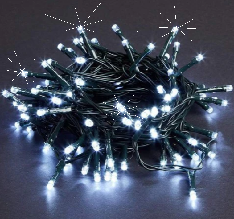 Extensión Navideña LED p/Exterior, 8W, 1700Lm, 6000K + 6000K Flash, 200LED/10Metros, 110Vac, Con cable verde de cobre 3xφ0.2mm2, IP44