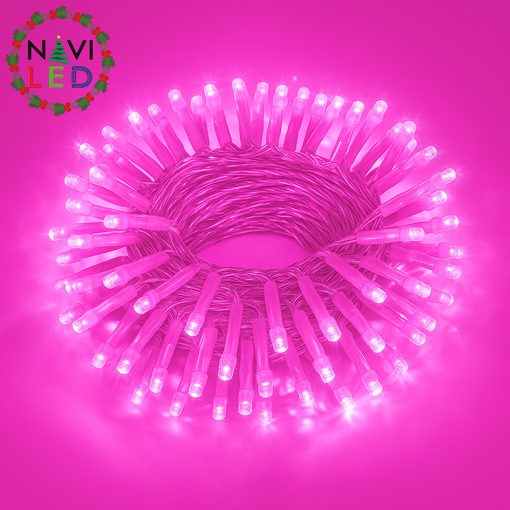 Extensión Navideña LED p/Exterior, 8W, 1700Lm, Rosado, 200LED/10Metros, 110Vac, Con cable clear de cobre 3xφ0.2mm2, IP44
