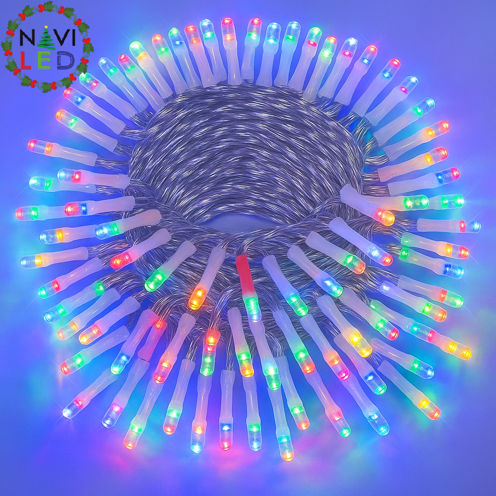 Extensión Navideña LED p/Exterior, 8W, 1700Lm, RGB, 200LED/10Metros, 110Vac, Con cable clear de cobre 3xφ0.2mm2, IP44