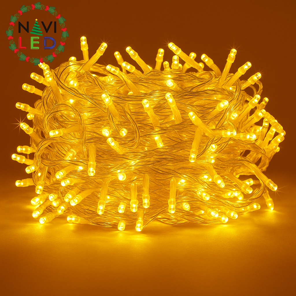 Extensión Navideña LED p/Exterior, 8W, 1700Lm, Gold, 200LED/10Metros, 110Vac, Con cable clear de cobre 3xφ0.2mm2, IP44