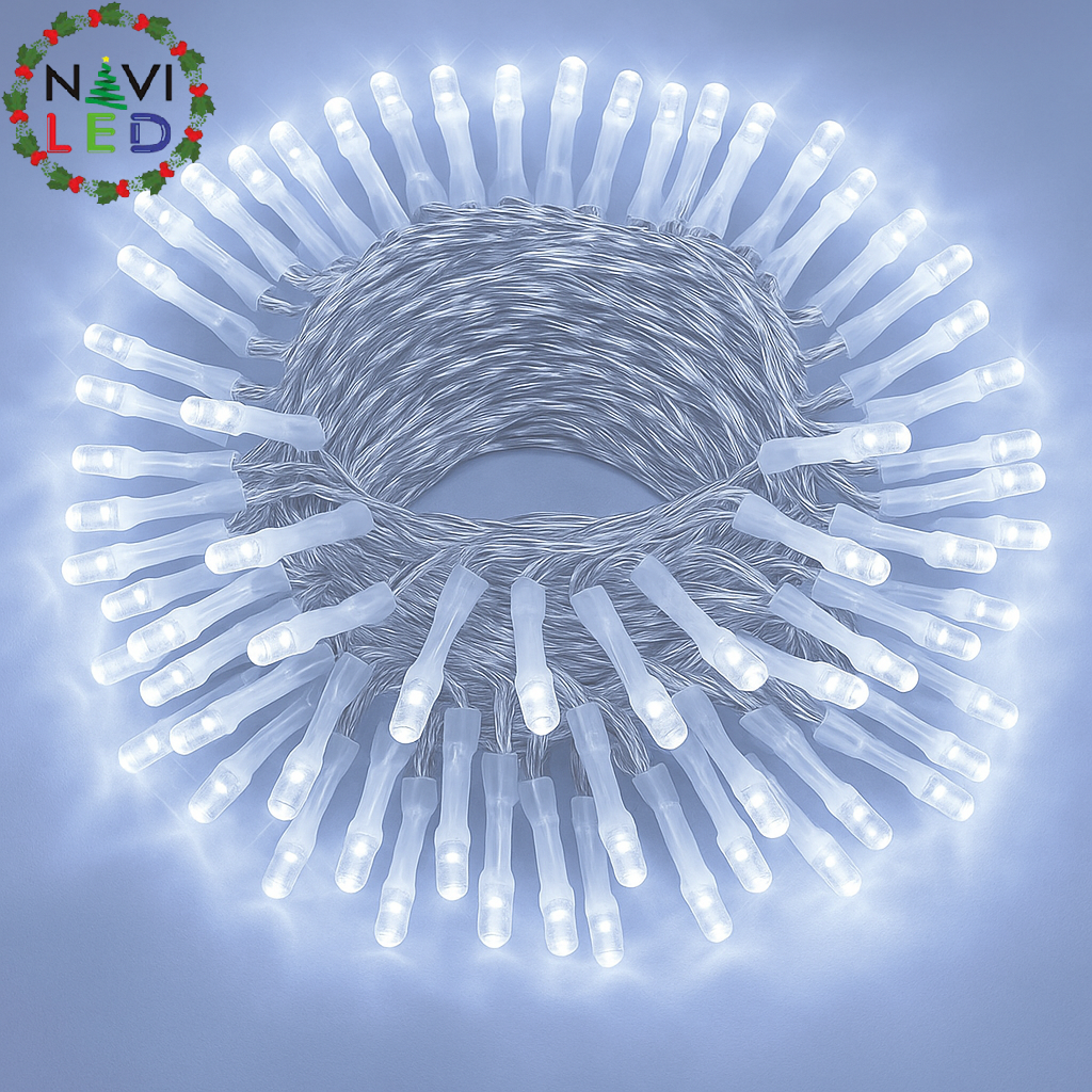 Extensión Navideña LED p/Exterior, 8W, 1,275Lm, 6000K Blanco Frio, 150LED/10Metros, 110Vac, Con cable clear de cobre 3xφ0.23mm2, IP65
