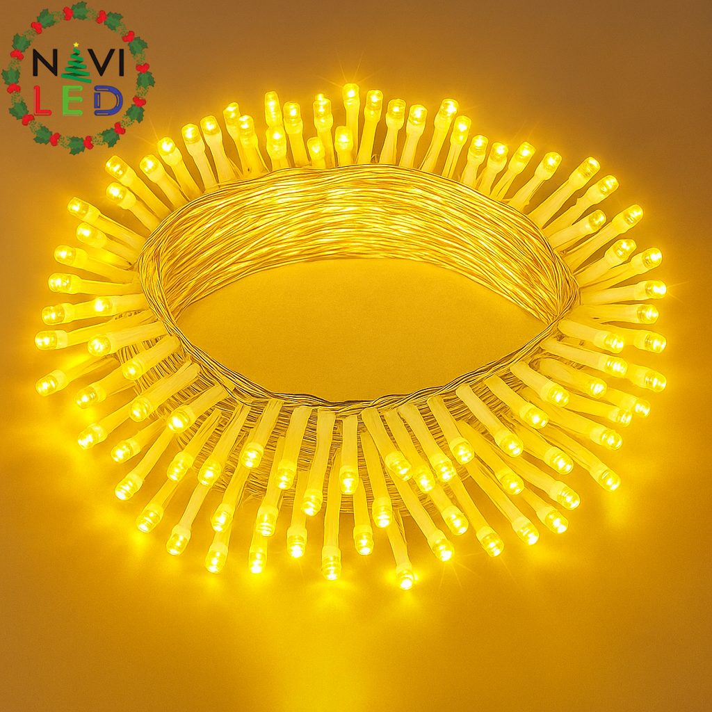 Extensión Navideña LED p/Exterior, 8W, 1,275Lm, 2700K Blanco Cálido, 150LED/10Metros, 110Vac, Con cable clear de cobre 3xφ0.23mm2, IP65