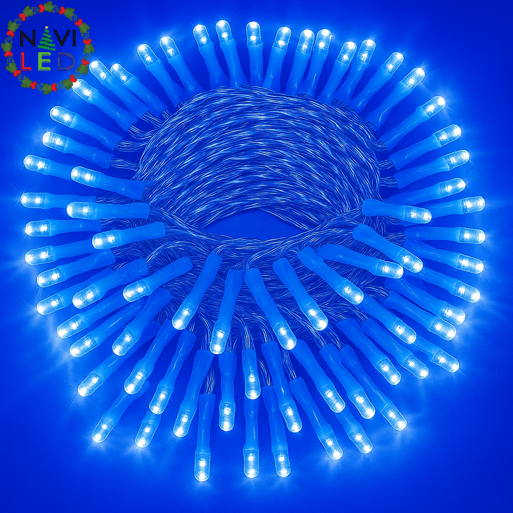 Extensión Navideña LED p/Exterior, 8W, 1,275Lm, Azul, 150LED/10Metros, 110Vac, Con cable clear de cobre 3xφ0.23mm2, IP65