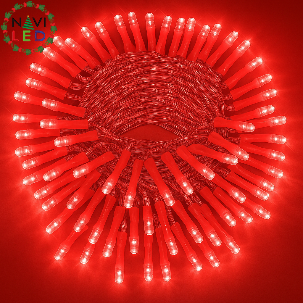 Extensión Navideña LED p/Exterior, 8W, 1,275Lm, Roja, 150LED/10Metros, 110Vac, Con cable clear de cobre 3xφ0.23mm2, IP65