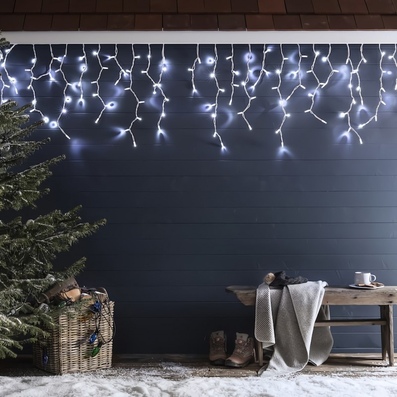 Lagrima / Carambano LED p/Exterior, 14W, 2,040Lm, 6000K Blanco Frio, 110Vac, 240pcs de LED, 48 tiras, 5Mx0.7M, Con cable blanco de cobre 2xφ0.2mm2, IP44