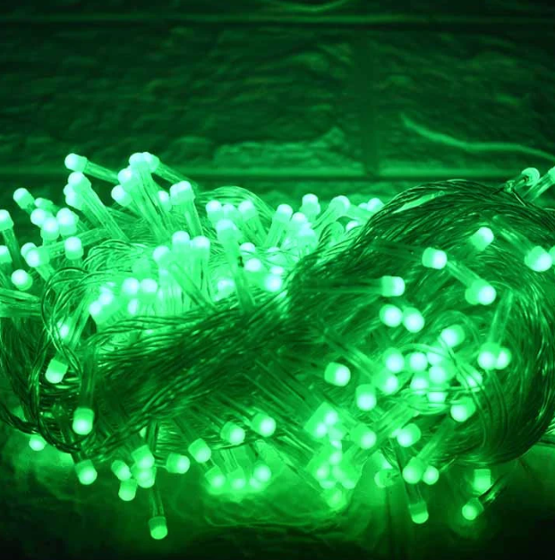 Extensión Navideña LED p/Exterior, 8W, 1700Lm, Verde Claro, 200LED/10Metros, 110Vac, Con cable clear de cobre 3xφ0.2mm2, IP44