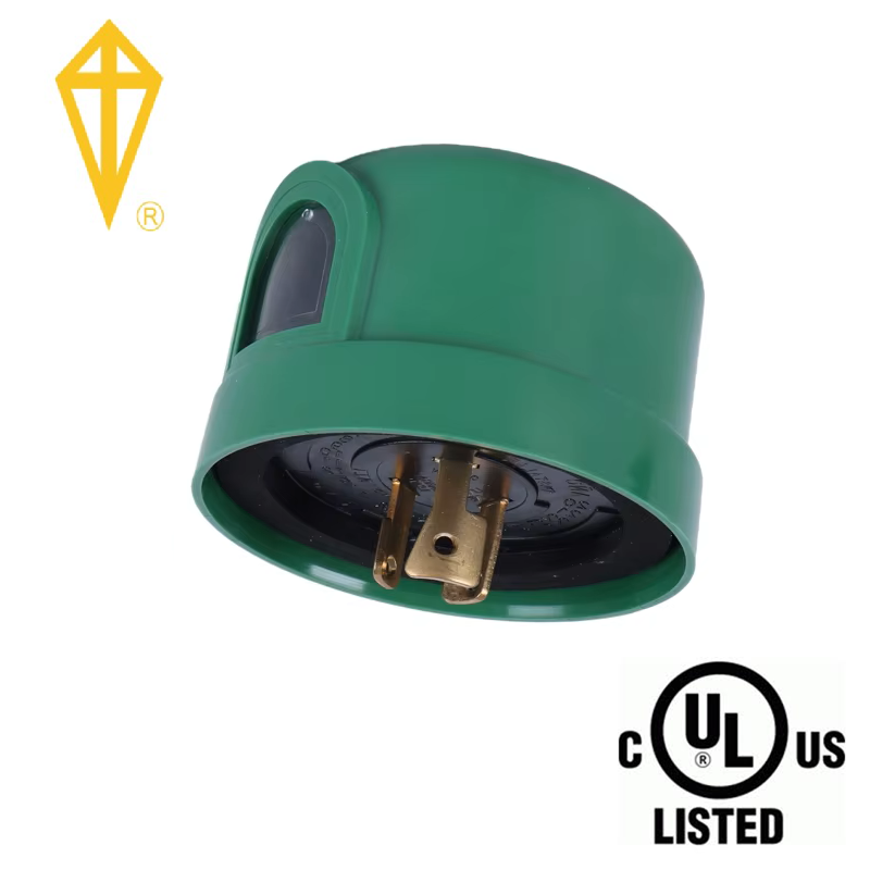 Fotocelda de 3 pin con cover verde (Fail-Off mode), 1000W, 300 Joule, 8A/120Vac y 5A/208-277Vac, IP66, Material: Polipropileno