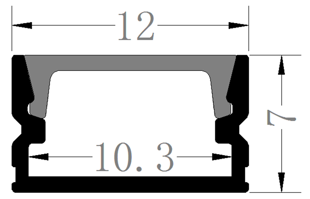 Perfil de Aluminio p/Cinta LED con PCB de 5-10mm, DG-S1207, Medidas: 12x7x2500mm, p/Superficie, incluye: difusor opal con nivel de transparencia de un 65%, 2 tapas terminales y 4 clips, Negro