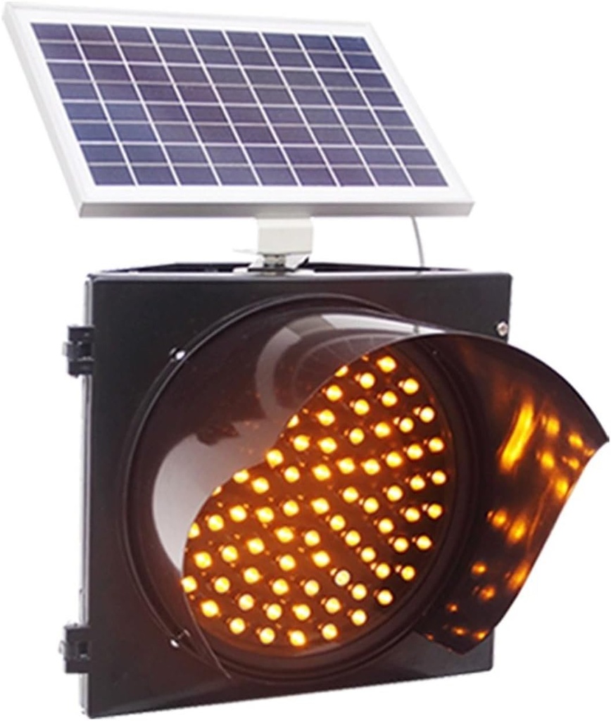 Luces Intermitente de Semáforo con Panel Solar de 10W y 12V, Amarilla, Batería de 12V/5Ah, 300mm, Dimensiones: 348x342x154mm, Cover Clear