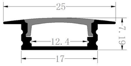 [DGPR-1025557] Perfil de Aluminio p/Cinta LED con PCB de 12mm, DG-E1706, Medidas: 17x7.19x2000mm, p/Empotrar, incluye: difusor opal con nivel de transparencia de un 65%, 2 tapas terminales y 4 clips, Plateado