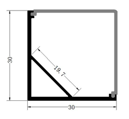 [DGPR-1025673] Perfil de Aluminio p/Cinta LED con PCB de 19mm, DG-SE3030E, Medidas: 30x30x1000mm, p/Superficie, esquina, incluye: difusor opal con nivel de transparencia de un 65%, 2 tapas terminales y 2 clips, Plateado