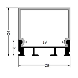 [DGPR-1025683] Perfil de Aluminio p/Cinta LED con PCB de 15mm, DG-SC2624B, Medidas: 26x24x1000mm, p/Superficie, colgar, incluye: difusor opal con nivel de transparencia de un 65%, 2 tapas terminales y 2 clips y 2 tornillos Plateado