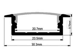 [DGPR-1026464] Perfil de Aluminio p/Cinta LED con PCB de 8-20mm, DG-E2310, Medidas: 23.5x9.75x2500mm, p/Empotrar, incluye: difusor opal con nivel de transparencia de un 65%, 2 tapas terminales y 4 clips, Plateado