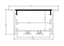 [DGPR-1026515] Perfil de Aluminio p/Cinta LED con PCB de 8-40mm, DG-E5535, Medidas: 55x35x2500mm, p/Empotrar, incluye: difusor opal con nivel de transparencia de un 65%, 2 tapas terminales, 4 tornillos y 4 Clips, Plateado