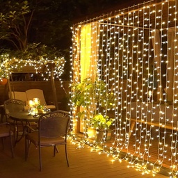 [DGPR-1027271] Cortina tipo Cascada LED p/Exterior, 108W, 2700K + CW 6000K Flash, 110Vac, 1800pcs de LED, 20 tiras, 2Mx9M, Con cable blanco, Con conector T, IP55