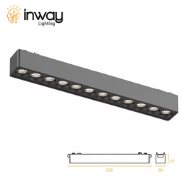 [DGPR-1028694] Lámpara Slim Lineal Magnética LED p/Riel de 27mm de ancho, 12W, 10.11&quot;(257mm), 4000K Blanco Natural, 48Vdc, Instalación: Empotrar o Superficie, 24 Grados, Negra
