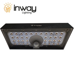 [DGPR-1028882] Lámpara Solar LED de Pared (Aplique) de 6W con Panel Solar Integrado de 2.8W, 5.5V y Sensor de Movimiento, SMD2835 x 35pcs, 3000K Blanco Cálido, 140x70 Grados, Con Batería de Litio de 11.1Wh, 3.7V, 3000mAh, IP65, Dimensiones: 230x97x42.7mm, Color Negra, 133Lm/W