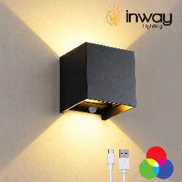 [DGPR-1029183] Lámpara LED Decorativa de Pared (aplique) Recargable, Up and Down, 16W, RGB-Múltiple CCT WW 3000K / NW 4000K / CW 6000K, Dimensiones: 100x100x80mm, IP20, Negro