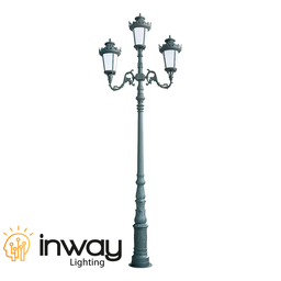 [DGPR-1029309] Poste Decorativo de aluminio tipo Colonial con 3 lámparas de 50W, 3000K Blanco Cálido, color negro, Largo: 6Mts, Incluye: lámparas, brazos, base y tornillería